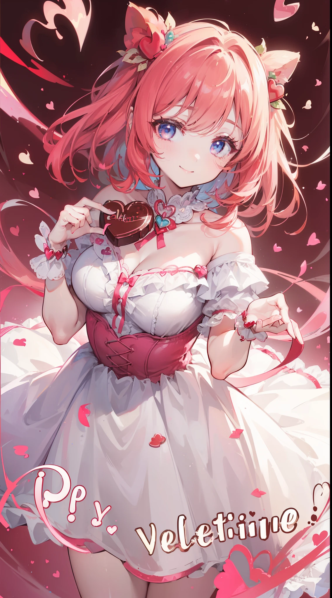 (((32k))), (16k), (8k), (4k), (((32k heart background))), (((Pretty girl))), (((cute girl))), (beautiful quality eyes), (cute smile), (((dress))), (((valentine))), ((holding heart chocolate)), 