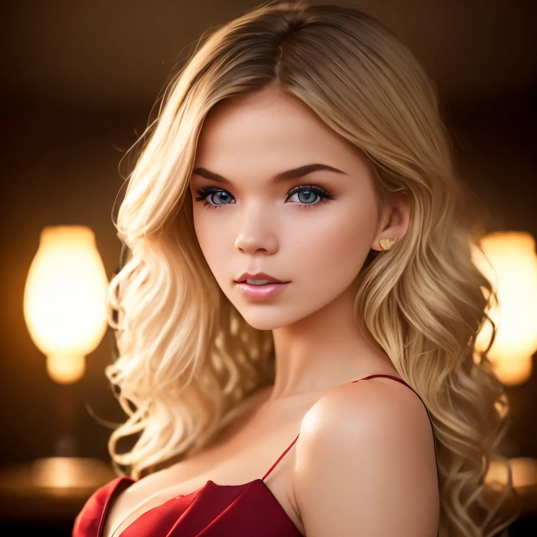 1girl, Photo of 21 year old girl, (blond hair with extra long wavy), ((portrait)), (Detailed face: 1.2)), (Detailed facial features)), (Fine skin), pale skin, high detail and deep cleavage, slim body, (cold color), reflection, (masterpiece) (Perfect proportions) (realistic photos) (highest quality), shot with Canon EOS R5, 50mm lens, f/2.8, HDR, (8k) (wallpaper) (movie lighting) (dramatic lighting) (sharp focus) (complex), (short black flared dress),
