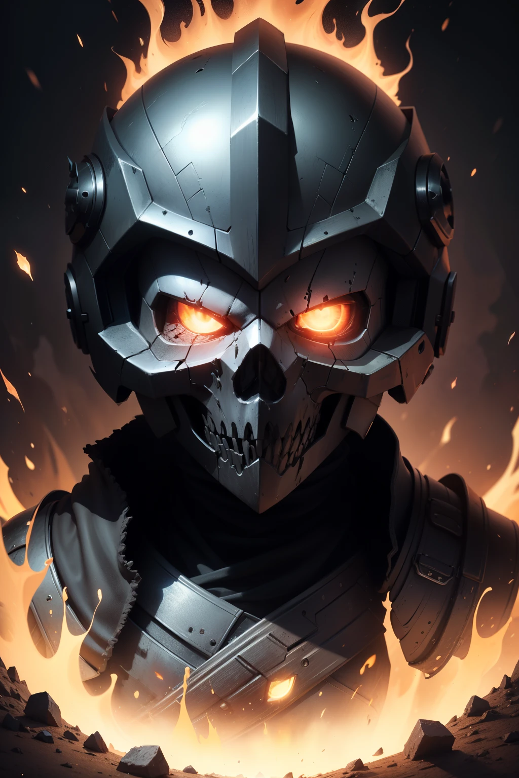 In the foreground, a skull-faced helmet with piercing glowing eyes is the focus of this intriguing scene. The details of the helmet's intricate design are on full display as the close-up reveals its textured surface. The helmet, once rigid and unyielding, is now melting, its edges slumping and droplets of molten material falling like tears from its features. The stark contrast between the once impenetrable armor and its current state of dissolution adds an air of mystery and foreboding to the image. The play of light and shadow against the helmet's warped surface further highlights its otherworldly nature, drawing the viewer in to unravel the