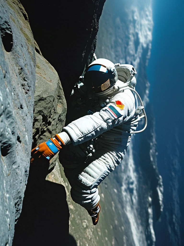 (Close-up of astronaut climbing a rocky cliff in a spacesuit), fully space suited, astronaut lost in liminal space, dusty space suit, astronaut, astronaut in space, ("Lunar space" theme）, 详细的astronaut, astronaut in space, space suit, Redshift resonance, （astronauts climbing cliffs in space）, 下面的astronaut, space backround, wear spacesuits, astronaut Cyberpunk Electric, space