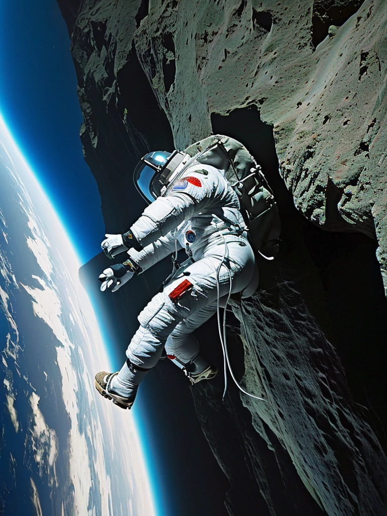 (Close-up of astronaut climbing a rocky cliff in a spacesuit), fully space suited, astronaut lost in liminal space, dusty space suit, astronaut, astronaut in space, ("Lunar space" theme）, 详细的astronaut, astronaut in space, space suit, Redshift resonance, （astronauts climbing cliffs in space）, 下面的astronaut, space backround, wear spacesuits, astronaut Cyberpunk Electric, space