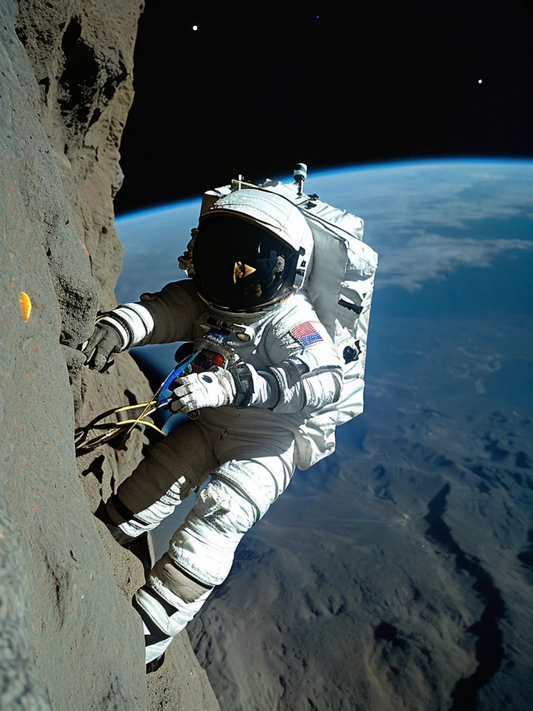 (Close-up of astronaut climbing a rocky cliff in a spacesuit), fully space suited, astronaut lost in liminal space, dusty space suit, astronaut, astronaut in space, ("Lunar space" theme）, 详细的astronaut, astronaut in space, space suit, Redshift resonance, （astronauts climbing cliffs in space）, 下面的astronaut, space backround, wear spacesuits, astronaut Cyberpunk Electric, space