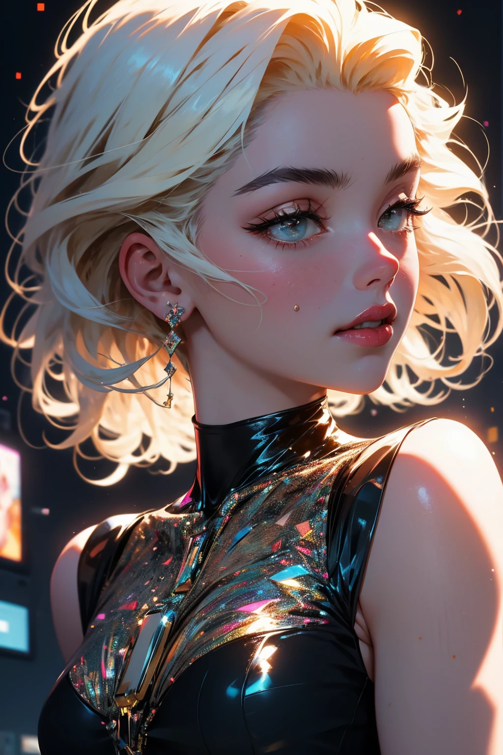 ((((masterpiece, best quality, high resolution)))), Extremely detailed 8K, Beautiful girl with slender body, e-girl, (Ultra HD, Ultra-detailed, Highly detailed, Highly realistic, Ultra-realistic, photograph realistic), (1girl:1.5), (Realistic blonde hair with dark roots), wavy hair, boho bob cut,(dark makeup, pink eyeshadow), facing at camera, light smile, (white and gold outfit, see through clothes, wet skin, transparent). (space cruise), coy grin