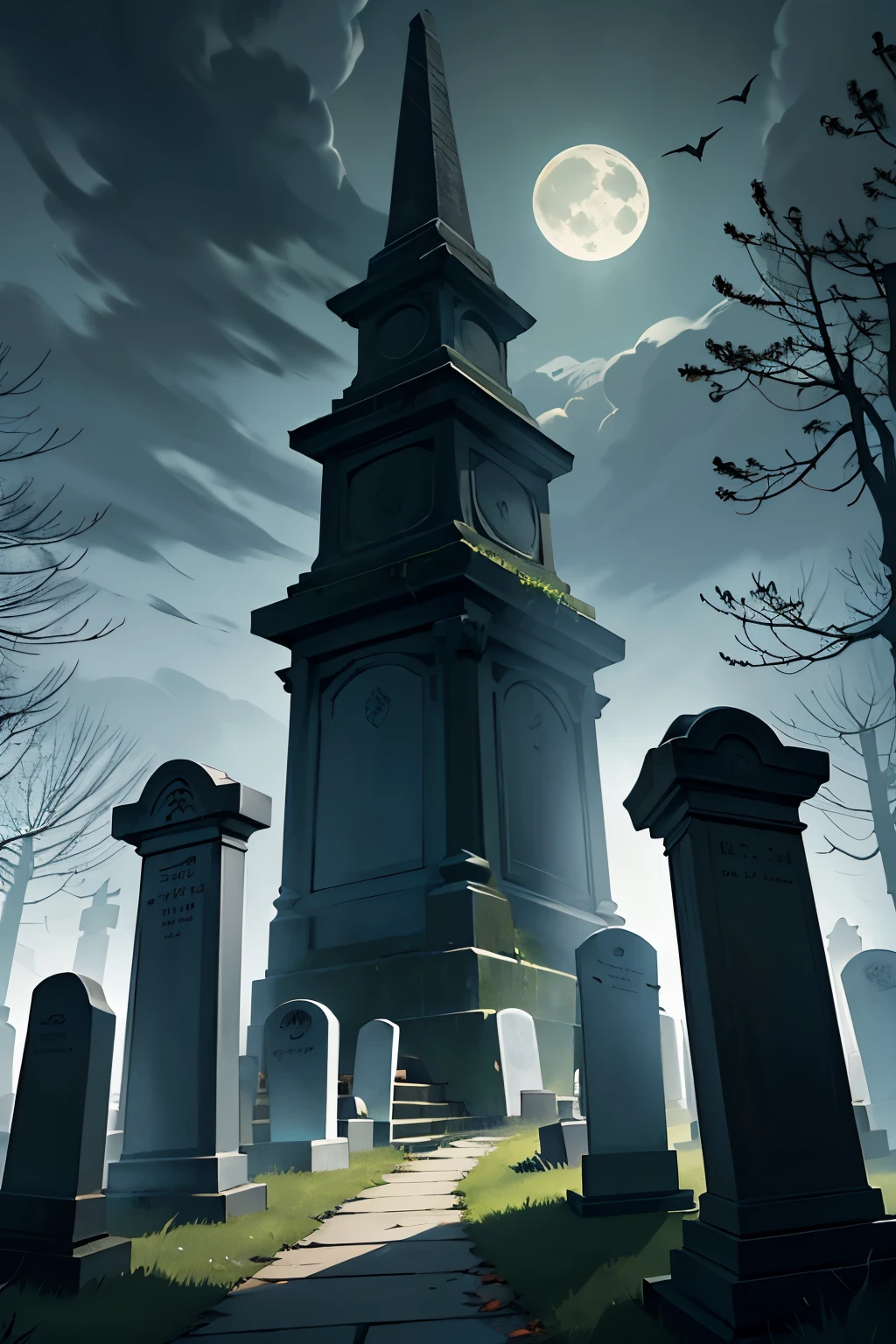 (Best Quality, 4k, high resolution, Masterpiece: 1.2), scanario of a cemetery at night, cemetery, night time, moonlit scene, gnarled trees, gravestones, candles flickering, dark shadows, crickets chirping, full moon, tombstones with moss growing, spooky atmosphere, eerie silence, headstones illuminated by the moonlight, crows perched on branches, wind blowing through the trees, chilling breeze, graveyard, grave markers, fog rolling in, moody, mysterious, graveyard scene, night cemetery, ghostly, mystical, ghostly apparitions, haunting, supernatural activities