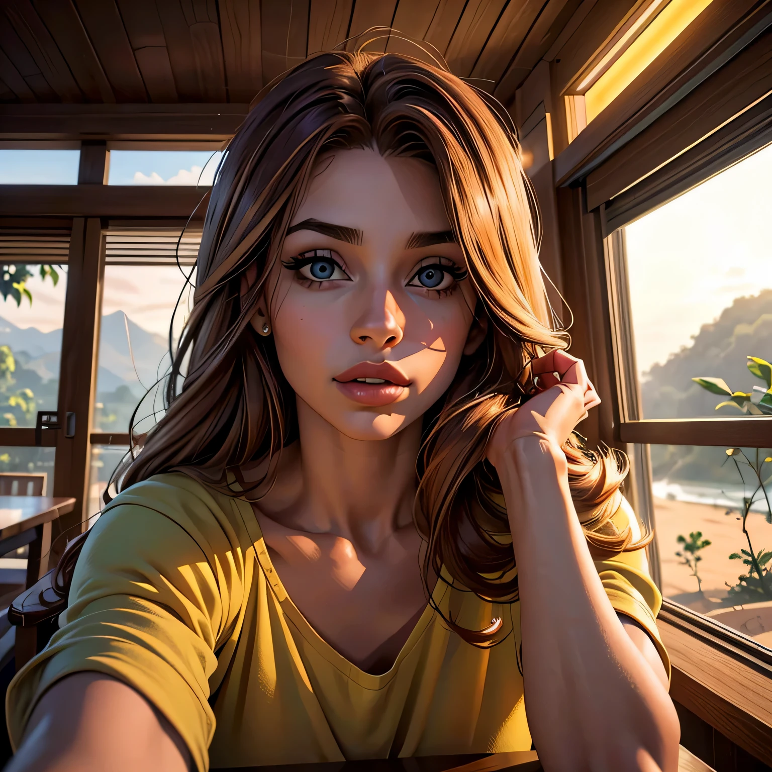 (melhor qualidade, realista), 25 anos , olhos detalhados, Detailed lips, cabelo marrom, escola, ,ambiente aconchegante, soft lighting, Ambiente tranquilo, vista corpo todo,