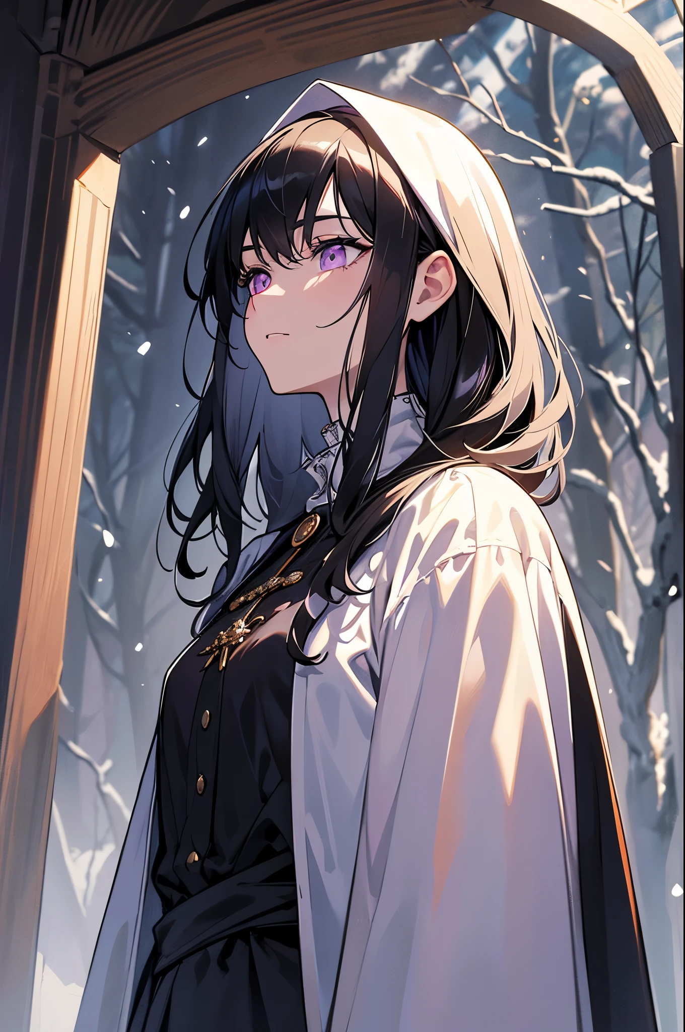 Anime girl with long black hair and a hoodie standing in front of a ...