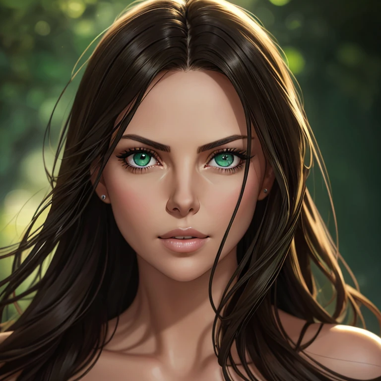 best quality,ultra-detailed,realistic),beautiful detailed green eyes,close-up portrait,Charlize Theron with mesmerizing eyes,graceful and confident posture,soft lighting,dark green background,vibrant colors,hint of mystery and allure,photorealistic rendering,striking beauty,studio shot,sharp focus,intense gaze,sophistication and elegance,subtle smile,high resolution,professional photography,hint of drama,celebrity beauty,perfect complexion,long dark lashes,long wavy brunette hair,subtle makeup,flawless skin,expressive eyes,enchanted beauty,subtle highlights on the face,subtle shadows,subtle reflection in the eyes,faint hint of greenery,emerald green mesmerizing gaze,mesmerizing and captivating presence.