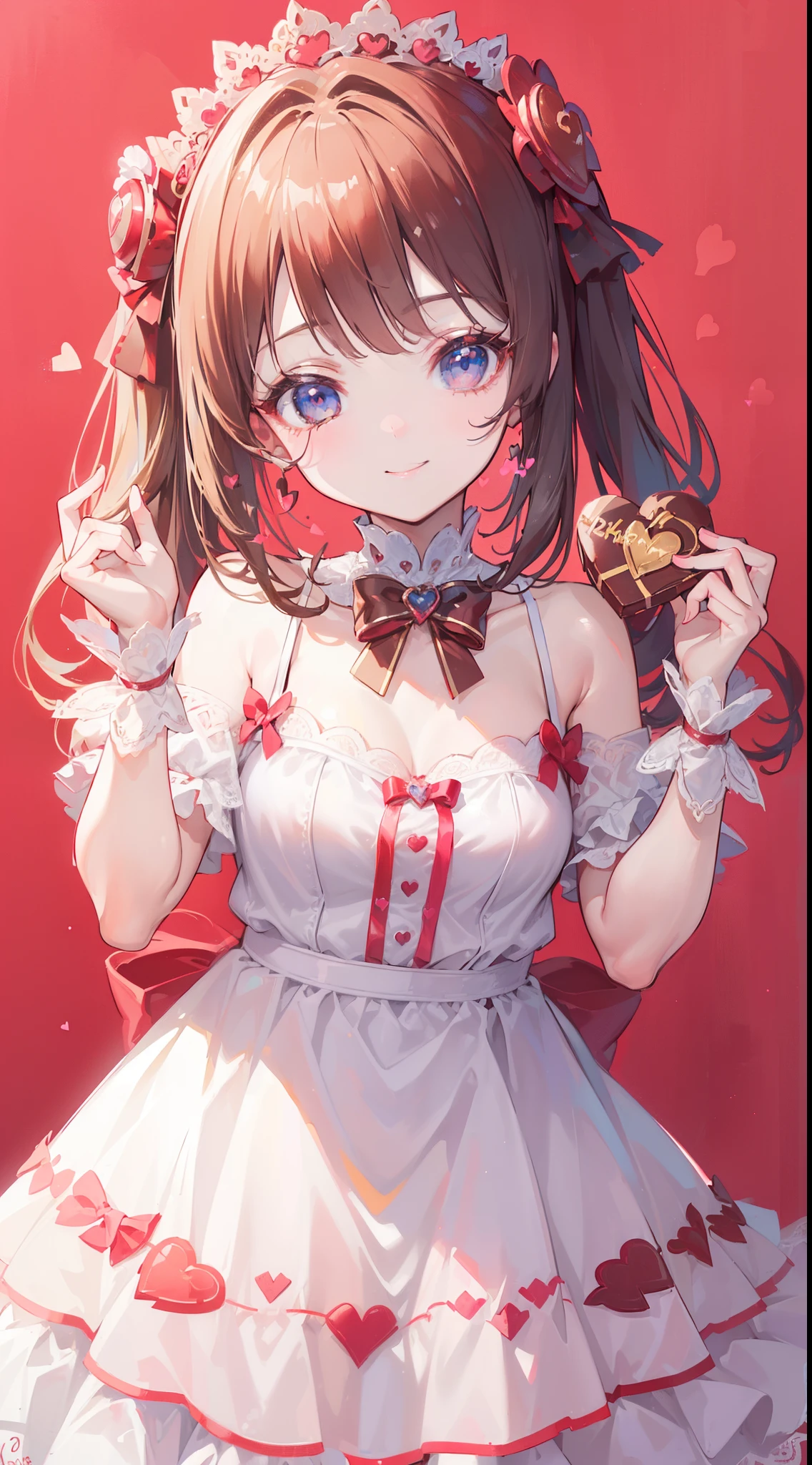 (((32k))), (16k), (8k), (4k), (((32k heart background))), (((Pretty girl))), (((cute girl))), (beautiful quality eyes), (cute smile), (((dress))), (valentine), ((holding heart chocolate)),