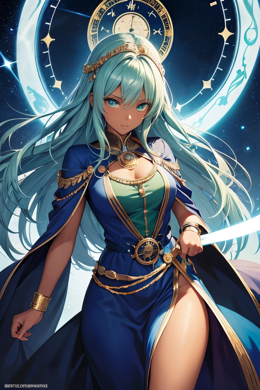 best quality,ultra-detailed,realistic:1.37,portrait,medium:oil painting,beautiful detailed green eyes,beautiful detailed blue hair,dark-skinned woman,goddess of time,vivid colors,starry sky,flowing robes,ancient pocket watch,time symbols,time distortion,ethereal lightening,calm and regal expression,serene background,mystical,royal pose,symbol of power,time manipulation,peaceful demeanor ,wisdom and knowledge