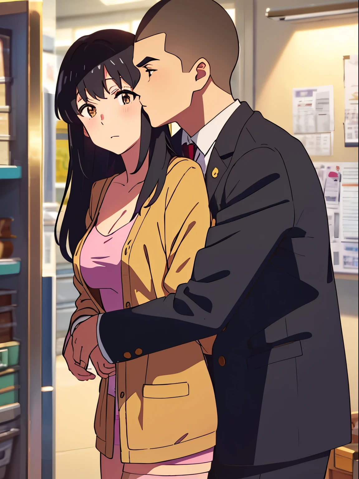 shinkai makoto, kimi no na wa., 1boy, buzzcut,office suit, boy caressing girl's body, kiss cheeks, passionate hug, boy is hugging from behind, 1girl, bangs, black hair, brown eyes, Twisted Half Up, red ribbon, long hair, long sleeve light pink cardigan, open shirt, yellow shirt, cleavage, breast, medium breast, storage room, indoors, masterpiece, perfect anatomy, cowboyshot