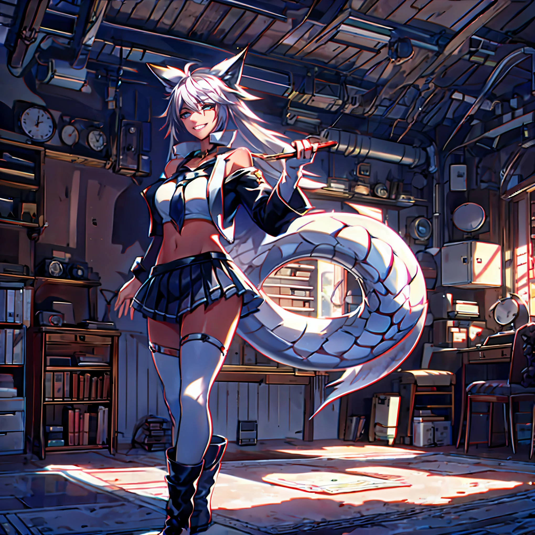 8k, resolution, high quality, high resolution, best quality, extremally detailed, best resolution, absurd resolution, ray tracing, high detailed, masterpiece, extremely detailed,detailed angelic face, shoulder length white hair, female,2 white wolf ears, teenage girl, slim body,white scale dragon tail, military boots,black leggings, navel blue school skirt, sailer shirt, white jacket, medium size chest, detailed blue eyes, detailed beautiful face,solo female,1 dragon tail, detailed eyes, tomboyish, dragon tail, white scales, 2 dragon wings, white fluffy wings