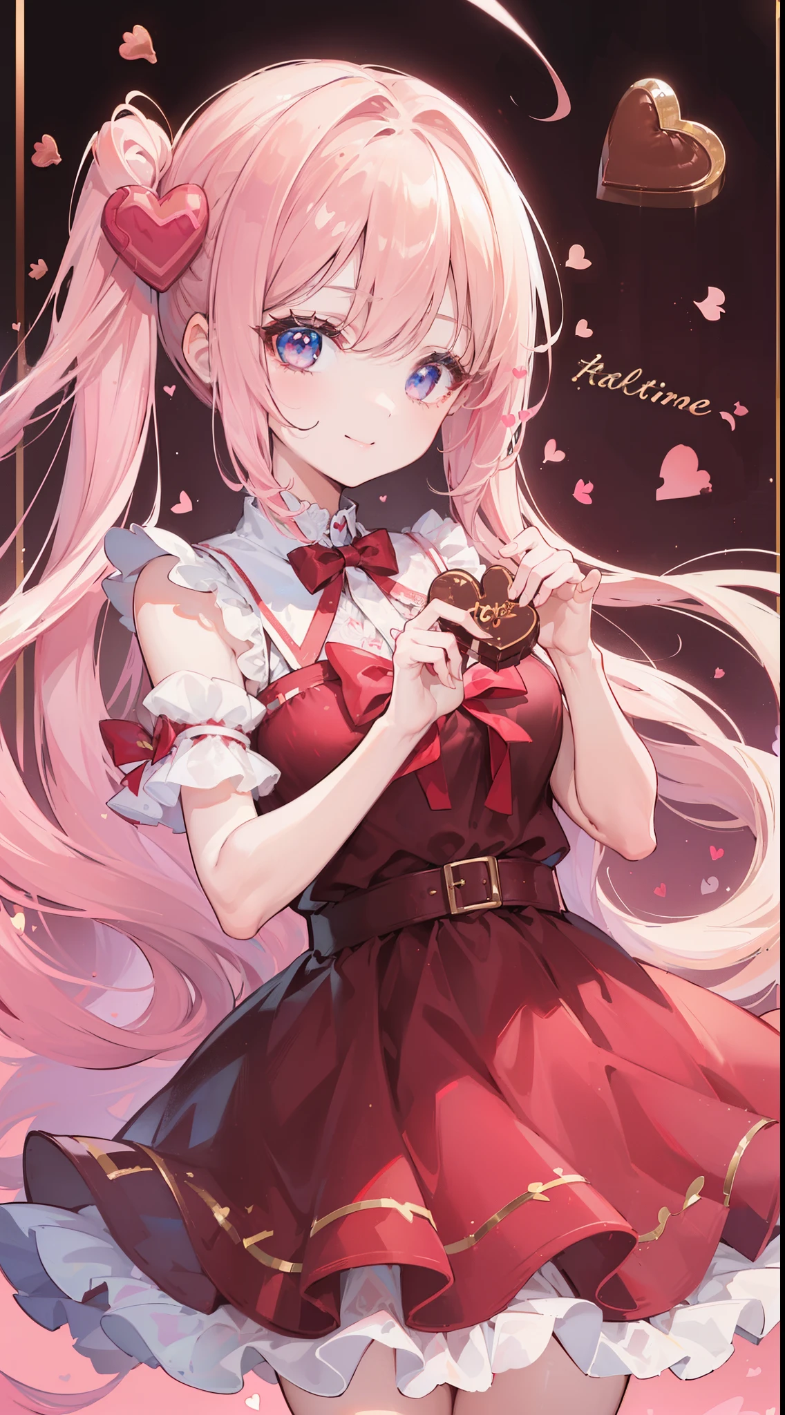 32k, heart background, cute girl, beautiful quality eyes, cute smile, cute dress, valentine, holding heart chocolate, 