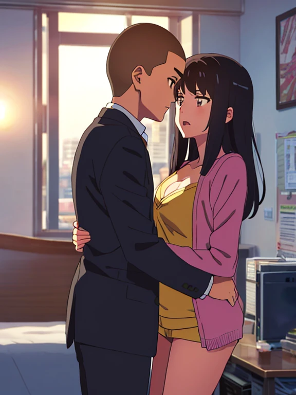 shinkai makoto, kimi no na wa., 1boy, buzzcut,office suit, boy caressing girl's body, sexual harassment, passionate hug, 1girl, bangs, black hair, brown eyes, worried eyes, open mouth, Twisted Half Up, red ribbon, long hair, long sleeve light pink cardigan, open shirt, yellow shirt, cleavage, breast, medium breast, bedroom room, night, indoors, masterpiece, perfect anatomy, cowboyshot