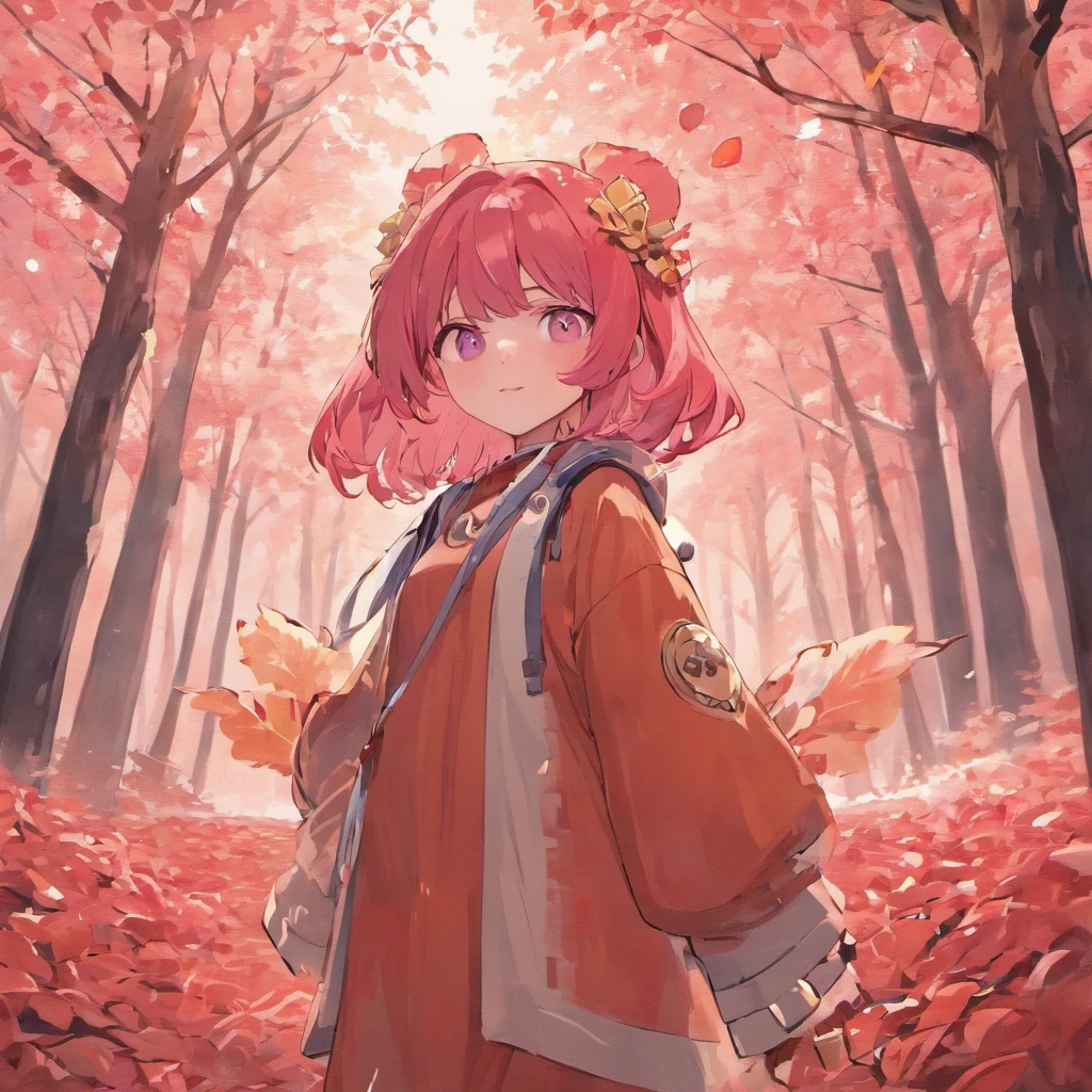 shiny pink hair、Neutral face、Red pink、Rich in color、Beautie、Wearing white clothes、well-styled、小柄、Super beautiful、high-level image quality、4K、8K、Round ears like tanuki are visible、In the wilderness、autumnal、Colored leaves、two people、Full body like、Being under a tree with winter leaves