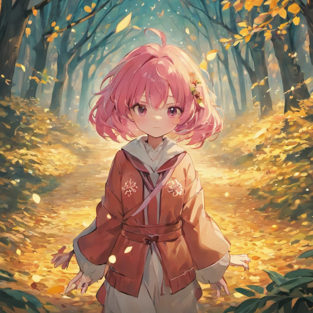 shiny pink hair、Neutral face、Red pink、Rich in color、Beautie、Wearing white clothes、well-styled、小柄、Super beautiful、high-level image quality、4K、8K、Round ears like tanuki are visible、In the wilderness、autumnal、Colored leaves、two people、Full body like、Being under a tree with winter leaves