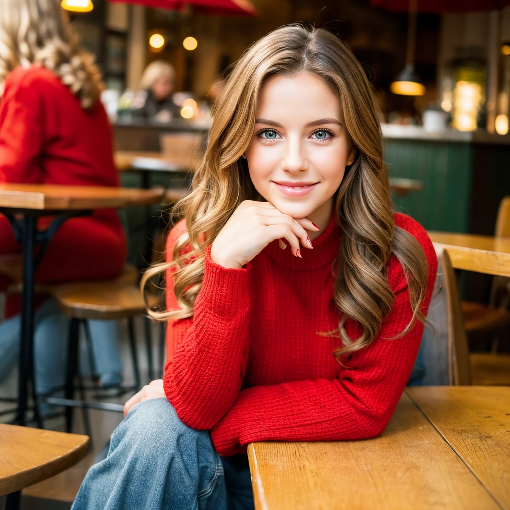 Full body Beautiful brunette with blonde highlights wearing a red sweater, jeans, heels  (in a cafe drinking soda), highly detailed, 22 years old, , , innocent face, natural wavy hair, blue eyes, high resolution, Masterpiece, Best quality, Intricate high detail, Highly detailed, Sharp focus, Detailed skin, realistic skin texture, texture, detailed eyes, professional, 4k, charming smile, shot on Canon, 85mm, shallow depth of field, Kodak Vision Color, Perfect Fit Body , extremely detailed, photography_\(ultra\), Photorealistic, Realistic, Post-processing, maximum details, roughness, real life, ultra realistic, Photorealism, photography, 8k UHD, photography, busty