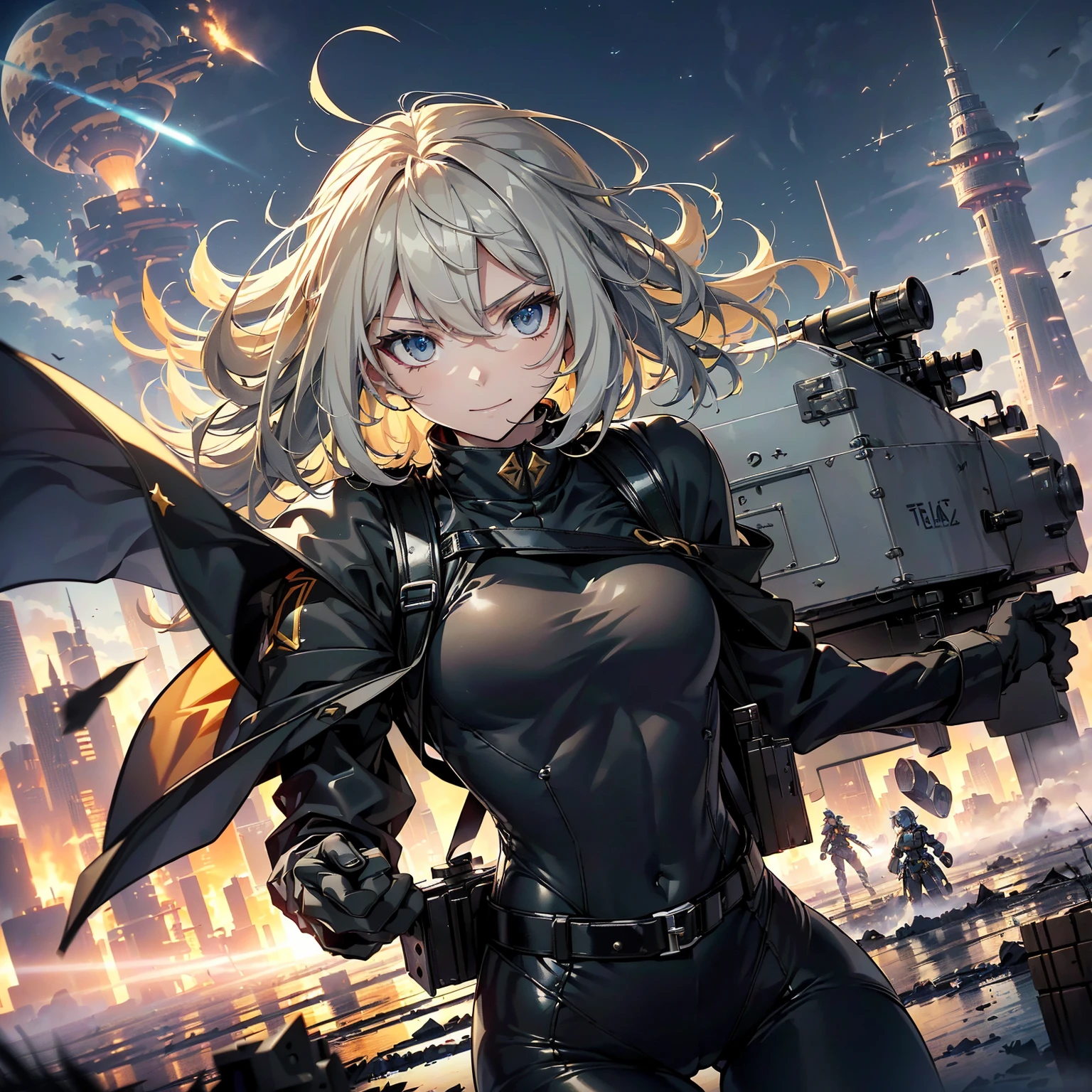 (highest quality,T Masterpiece,final solution,whole body、album):(18 year old female fighter,Slender、small face、cute、Black Super Short Hair、Ahoge、Shiny black tight combat uniform,Glossy tight suit,dynamic angle、dynamic action、(dynamic pose:1.2)、normal posture,normal posture、Gentle smile、(Backpack:1.1))、(Time Machine、Computer、skyscraper gun、weapons of the future、Real World、Plankton rattle field、volumetric fog、gray fog、cigarette、 explosion、apocalyptic、destroyed city background、burning building:1.3、splash of water、starry ski、huge moon、Earth、destroyed giant robot、radio tower、airplane flying overhead、shooting star rocket truck、broken car、derailed train、tank、giant weapon、electronic equipment、Luminous mechanism、strong wind、bao phan、thunder、light、halo、gundam)