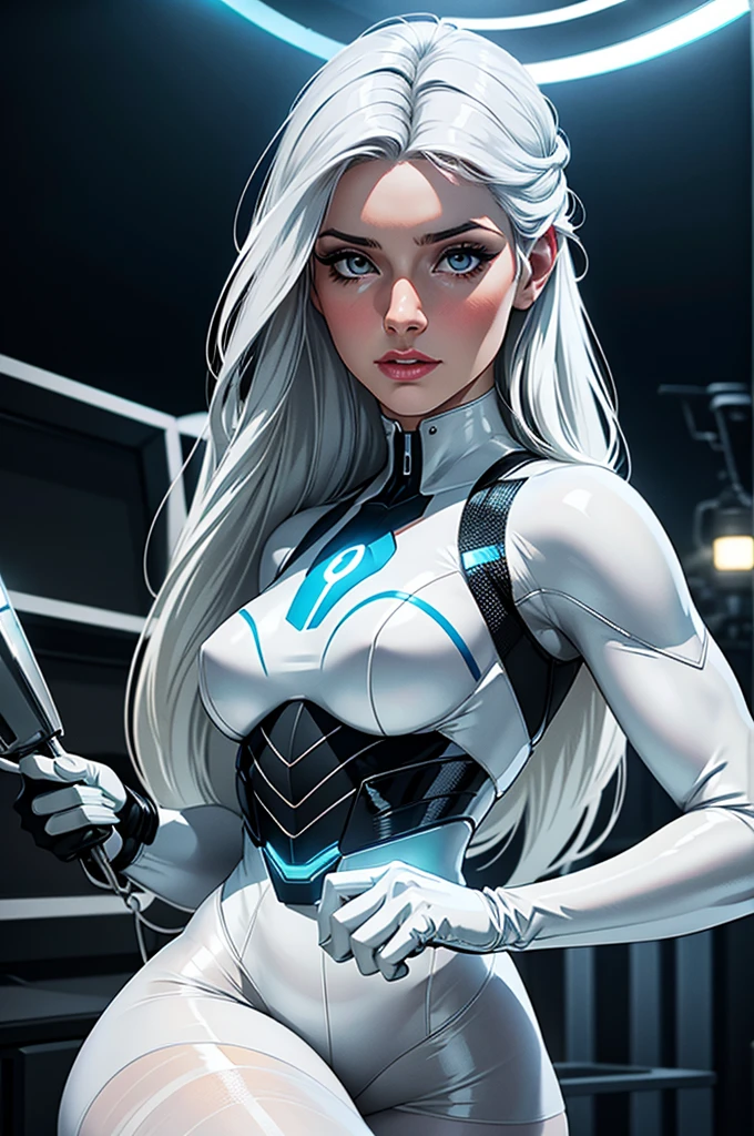 (best quality,8k:1.2,high resolution:1.2),ultra-detalhado,Realistic,retro science female,static pose,long hair,rosto extremamente detalhados,long eyelashes,all sheer light white Collant de nylon Apertado,pantyhose, white gloves,white Glossy metalic accessories,Physically-based rendering,foco nítido,studio lighting