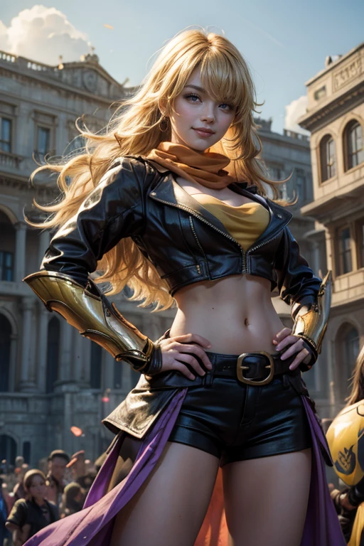 masterpiece, (standing:1.1), dynamic pose, heart shaped face, elegant face, beautiful face, highly detailed face, highly detailed skin, skin pores, subsurface scattering, realistic pupils, looking at viewer, full lips, depth of field, sharp focus, absurdres, realistic proportions, good anatomy, (realistic, hyperrealistic:1.4), 16k hdr, (masterpiece, best quality:1.2), cowboy shot, solo, 1girl, yang xiao long, grin, long blond hair, ahoge, purple eyes, t-shirt, yoga pants, black fingerless gloves, orange scarf, waist cape, midriff, cleavage, large breasts, standing in palace, crowds