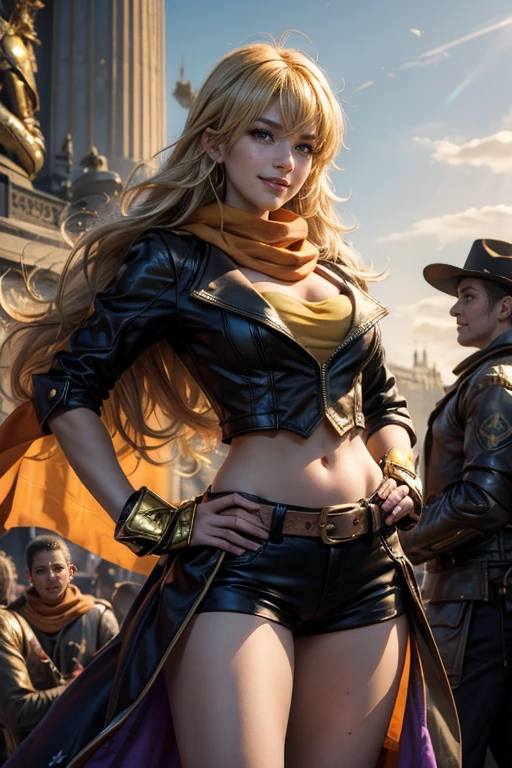 masterpiece, (standing:1.1), dynamic pose, heart shaped face, elegant face, beautiful face, highly detailed face, highly detailed skin, skin pores, subsurface scattering, realistic pupils, looking at viewer, full lips, depth of field, sharp focus, absurdres, realistic proportions, good anatomy, (realistic, hyperrealistic:1.4), 16k hdr,(masterpiece, best quality:1.2), cowboy shot, solo, 1girl, yang xiao long, grin, hand on hip, ahoge, purple eyes, brown jacket, yellow tube top, black shorts, black fingerless gloves, orange scarf, waist cape, midriff, cleavage, large breasts, standing in busy palace forecourt, crowds wearing suits of armor