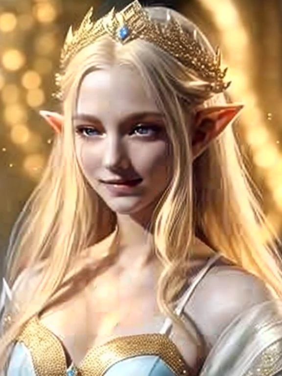 One wearing a white dress、Very beautiful elf top model, beautiful elf princess, Eldon Ring Elf, elf princess, She has elven ears and golden eyes, blonde elf queen, Elf character with a silly smile, Elven Queen Galadriel, She has pale blue skin!!!