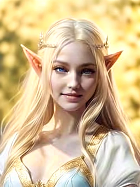 One wearing a white dress、Very beautiful elf top model, beautiful elf princess, Eldon Ring Elf, elf princess, She has elven ears and golden eyes, blonde elf queen, Elf character with a silly smile, Elven Queen Galadriel, She has pale blue skin!!!