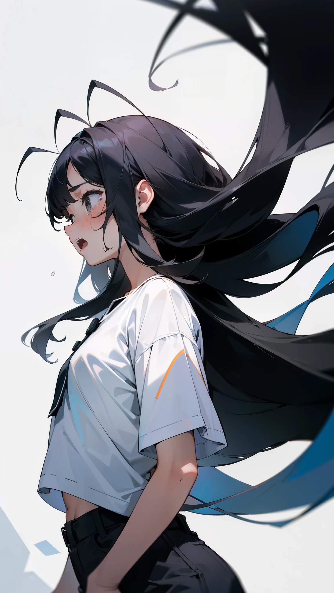 (1girl,10s years old),solo,sad,crying,black eyes,black hair,long hair,(((hair 2antennas))),white shirt,short sleeves,white shorts,open mouth,(white background),looking to the view,portrait,hands on chest,profile