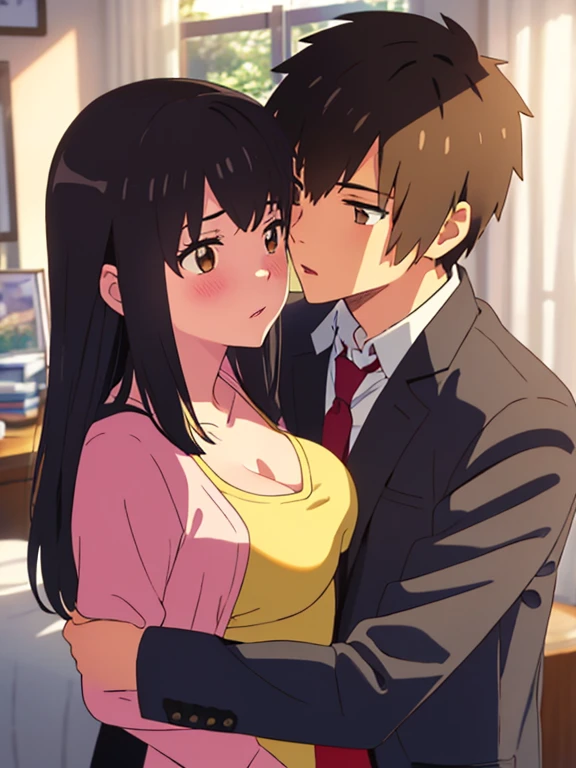 shinkai makoto, kimi no na wa., 1boy, buzzcut,office suit, boy caressing girl's body, kiss cheeks, passionate hug, boy is hugging from behind, 1girl, bangs, black hair, brown eyes, partled lips, Twisted Half Up, red ribbon, long hair, long sleeve light pink cardigan, open shirt, yellow shirt, cleavage, breast, medium breast, bedroom room,night, indoors, masterpiece, perfect anatomy, cowboyshot