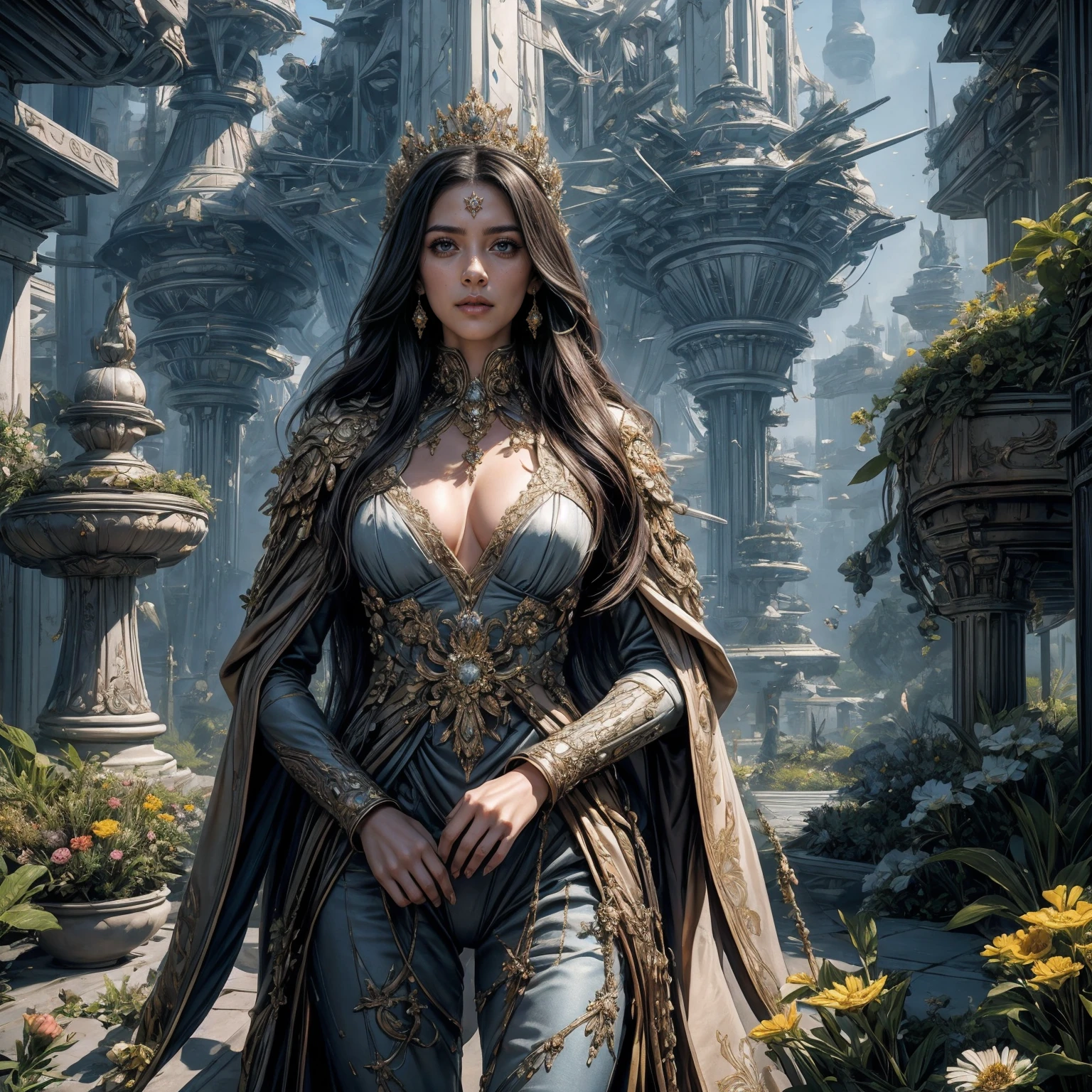 1 character, Ultra realistic 16K CG, masterpiece, Best Composition, Photo quality, work of art, full length portrait, Character incredibly beautiful girl., Incredibly beautiful face, very detailed face, Detailed eyes, detailed hair, correct anatomy, bride, princess, Against the backdrop of an imperial star cruiser taking off, detailed imperial super dreadnought , flowers, Crown of their flowers and diamonds, high detail, Lots of elements, Flowers in containers, Creepers on the walls, gilding on structures, futuristic display, Hologram, flying transports, flying cargo ships, cranes, Manipulators. Sun rays, no underwear, bright blue transparent silk clothes ,ultra dialyzed bright clothes, Palma, Creepers, many colors