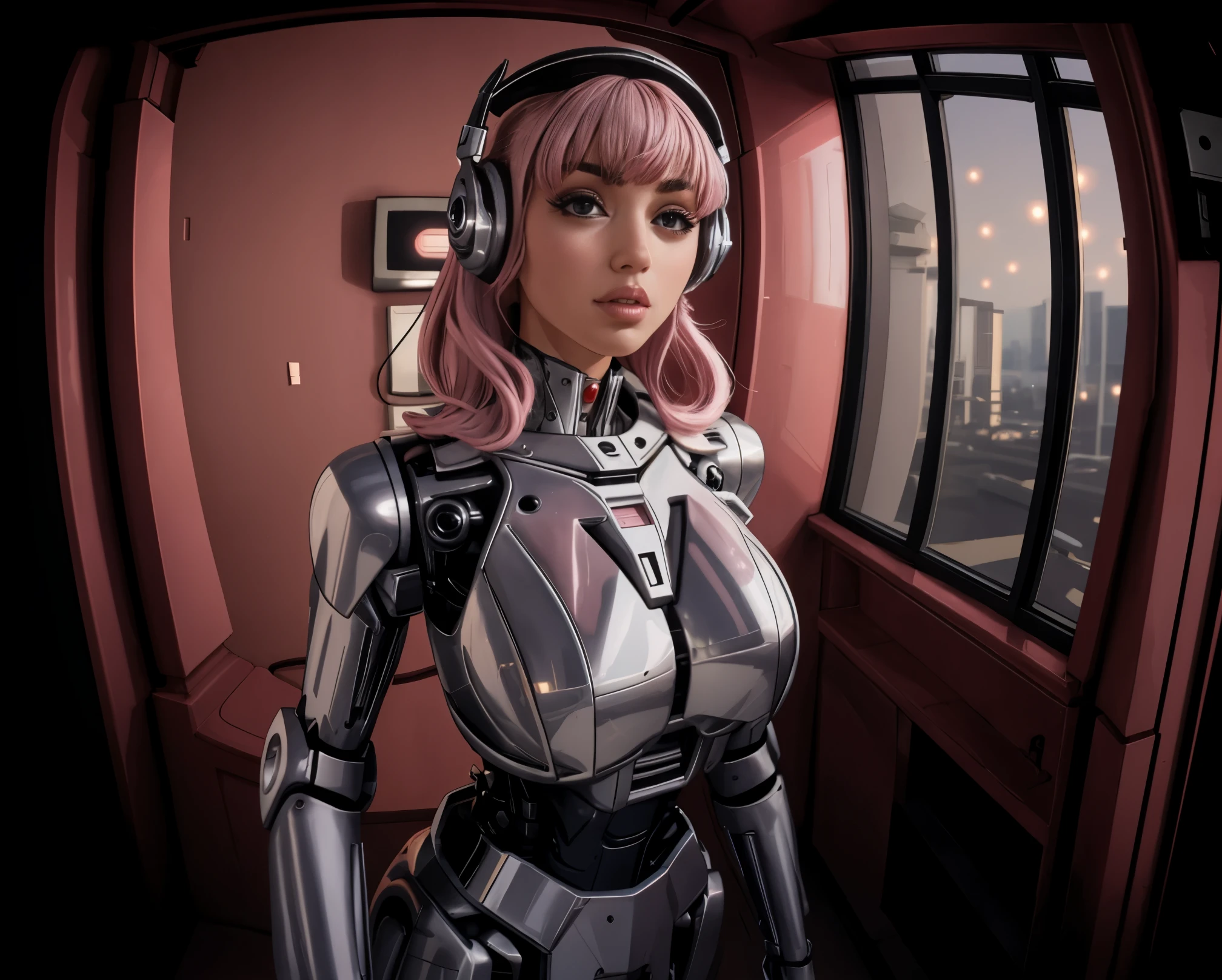 fisheye view, door fisheye pov, grand angular, ana de armas as your cosplayer girlfriend, using a robot suit, larger breasts, ana de armas, silver suit, crhome shinny skin, mechanical joints, medium straight hair, pink pastel hair, blunt bangs , parted lips , mecha musume, futuristic headset, stand up, await comands position, condo corridor, window on the left side, elevator door on background, thicc body, small height