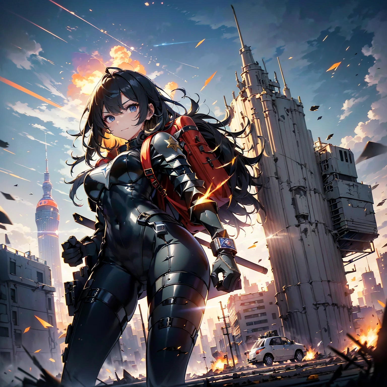 (highest quality,T Masterpiece,final solution,whole body、album):(18 year old female fighter,Slender、very slim、small face、small face、cute、Black Super Short Hair、Ahoge、Shiny black tight combat uniform,Glossy tight suit,dynamic angle、dynamic action、(dynamic pose:1.2)、normal posture,normal posture、Gentle smile、(Backpack:1.1))、(Time Machine、Computer、skyscraper gun、weapons of the future、Real World、Plankton rattle field、volumetric fog、gray fog、cigarette、 explosion、apocalyptic、destroyed city background、burning building:1.3、starry ski、huge moon、Earth、destroyed giant robot、radio tower、airplane flying overhead、shooting star rocket truck、broken car、derailed train、tank、giant weapon、electronic equipment、Luminous mechanism、strong wind、bao phan、thunder、light、halo、gundam)
