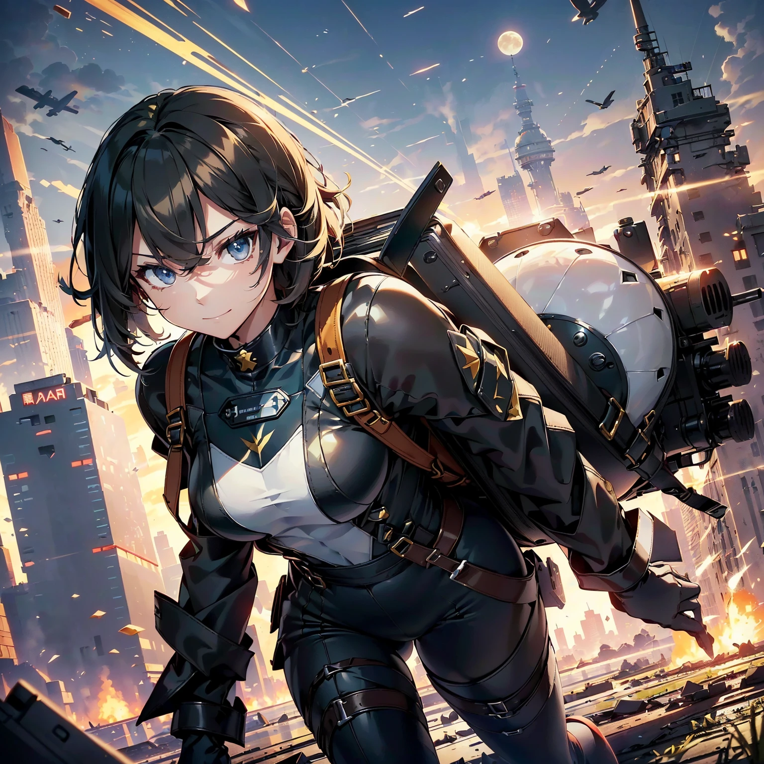 (highest quality,T Masterpiece,final solution,whole body、album):(18 year old female fighter,Slender、very slim、small face、small face、cute、Black Super Short Hair、Ahoge、Shiny black tight combat uniform,Glossy tight suit,dynamic angle、dynamic action、(dynamic pose:1.2)、normal posture,normal posture、Gentle smile、(Backpack:1.1))、(Time Machine、Computer、skyscraper gun、weapons of the future、Real World、Plankton rattle field、volumetric fog、gray fog、cigarette、 explosion、apocalyptic、destroyed city background、burning building:1.3、starry ski、huge moon、Earth、destroyed giant robot、radio tower、airplane flying overhead、shooting star rocket truck、broken car、derailed train、tank、giant weapon、electronic equipment、Luminous mechanism、strong wind、bao phan、thunder、light、halo、gundam)