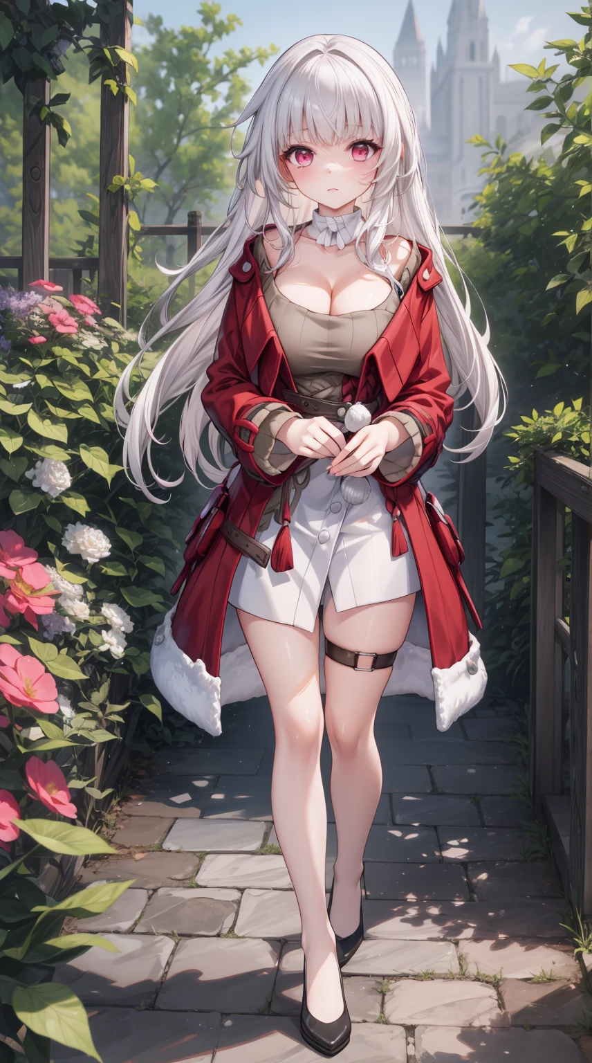 klara,1girl, white hair, long hair, red eyes, (Beautiful,Huge_Breasts:1.3),
BREAK
, 1girl, solo, Standing in the garden, full body, full figure,
BREAK
, Garden,
BREAK
, red coat, white shirt, long sleeves, dress, thigh strap,
BREAK
, official art, extremely detailed CG unity 8k wallpaper, perfect lighting, Colorful, (best_quality:1.0), ultra high res,4K, ultra-detailed, 8K, HDR, high resolution,  absurdres:1.2, film grain, blurry background, (vibrant_color:1.2), (beautiful_face:1.5), (narrow waist),