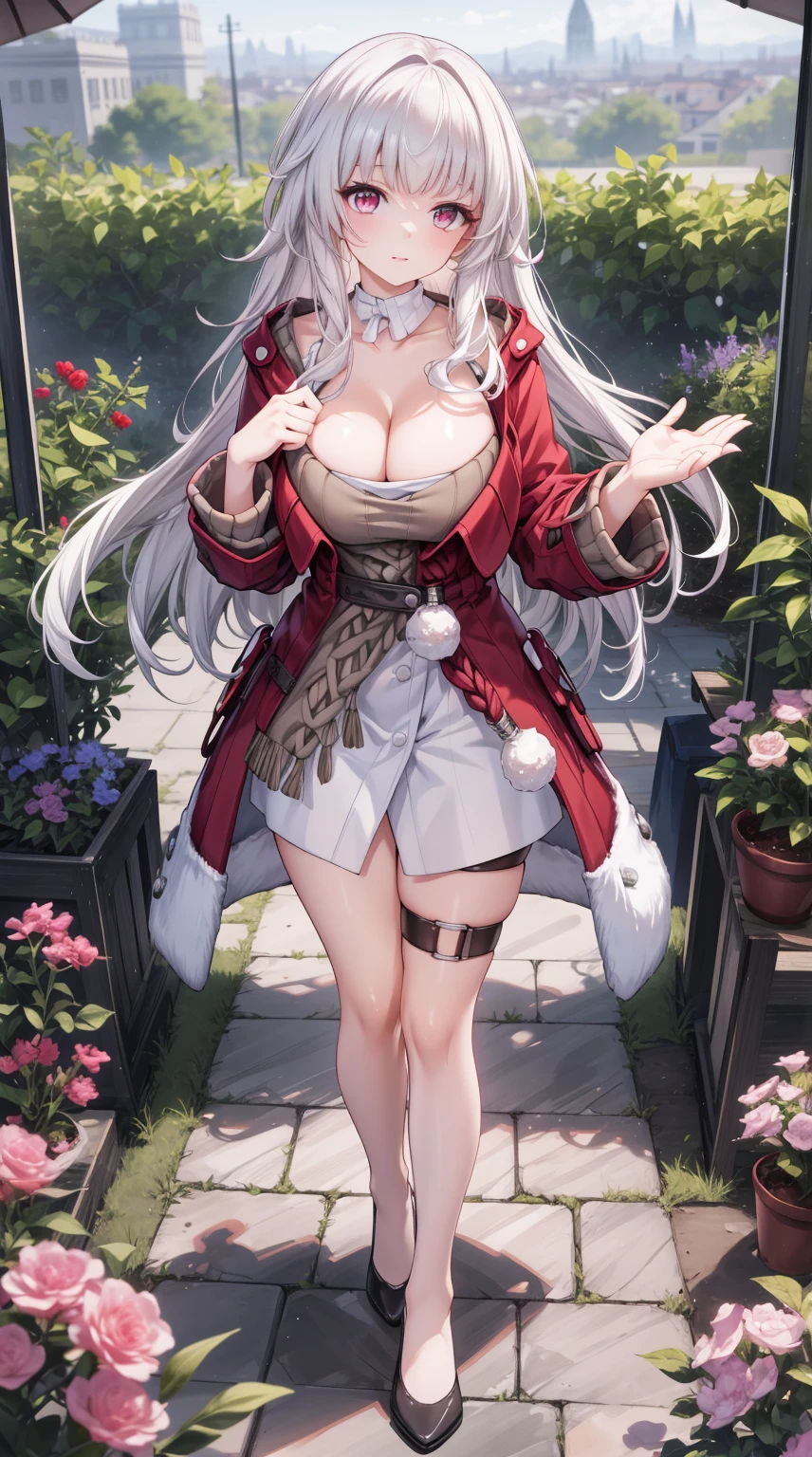 klara,1girl, white hair, long hair, red eyes, (Beautiful,Huge_Breasts:1.3),
BREAK
, 1girl, solo, Standing in the garden, full body, full figure,
BREAK
, Garden,
BREAK
, red coat, white shirt, long sleeves, dress, thigh strap,
BREAK
, official art, extremely detailed CG unity 8k wallpaper, perfect lighting, Colorful, (best_quality:1.0), ultra high res,4K, ultra-detailed, 8K, HDR, high resolution,  absurdres:1.2, film grain, blurry background, (vibrant_color:1.2), (beautiful_face:1.5), (narrow waist),