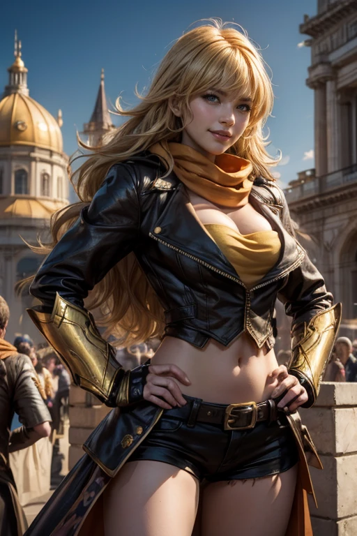 masterpiece, (standing:1.1), dynamic pose, heart shaped face, elegant face, beautiful face, highly detailed face, highly detailed skin, skin pores, subsurface scattering, realistic pupils, looking at viewer, full lips, depth of field, sharp focus, absurdres, realistic proportions, good anatomy, (realistic, hyperrealistic:1.4), 16k hdr,(masterpiece, best quality:1.2), cowboy shot, solo, 1girl, yang xiao long, grin, hand on hip, ahoge, purple eyes, brown jacket, yellow tube top, black shorts, black fingerless gloves, orange scarf, waist cape, midriff, cleavage, large breasts, standing in busy palace forecourt, crowds wearing suits of armor 