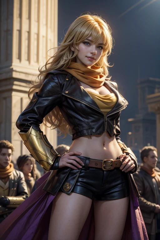 masterpiece, (standing:1.1), dynamic pose, heart shaped face, elegant face, beautiful face, highly detailed face, highly detailed skin, skin pores, subsurface scattering, realistic pupils, looking at viewer, full lips, depth of field, sharp focus, absurdres, realistic proportions, good anatomy, (realistic, hyperrealistic:1.4), 16k hdr,(masterpiece, best quality:1.2), cowboy shot, solo, 1girl, yang xiao long, grin, hand on hip, ahoge, purple eyes, brown jacket, yellow tube top, black shorts, black fingerless gloves, orange scarf, waist cape, midriff, cleavage, large breasts, standing in busy palace forecourt, crowds wearing suits of armor 