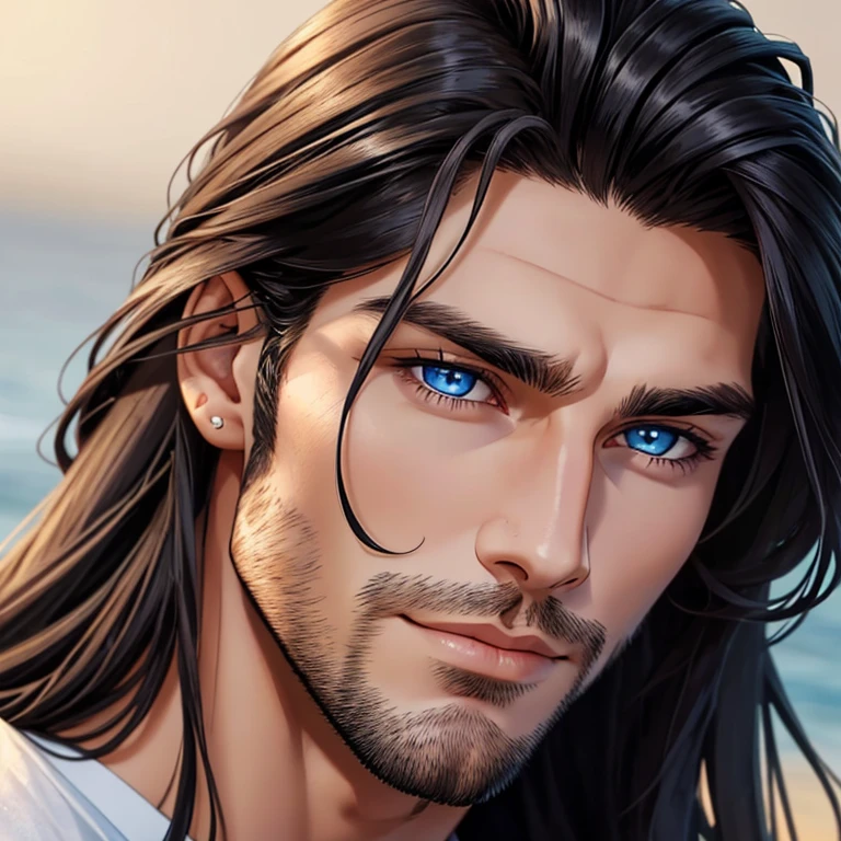 a close up of a man with long hair and blue eyes, handsome stunning realistic, handsome male, attractive male, wonderful dark hair, beautiful male face, long dark hairs, beautiful young man, with long hair and piercing eyes, shoulder-length black hair, young with long hair, handsome face, perfect handsome face, handsome attractive face, with long dark hair