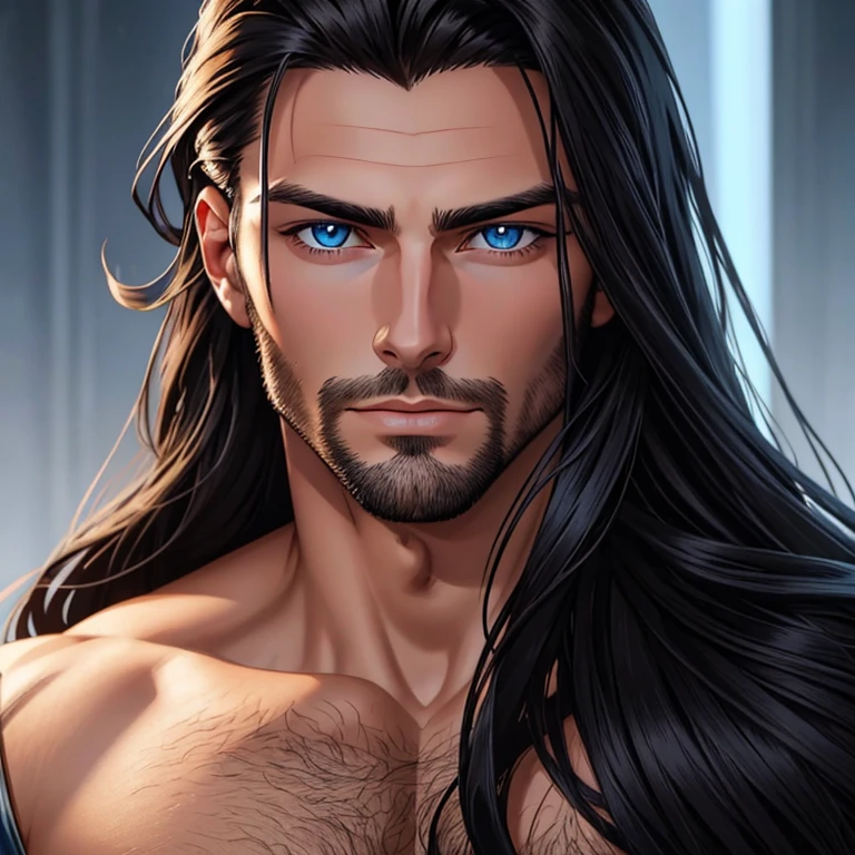 a close up of a man with long hair and blue eyes, digital art by Bernardino Mei, tumblr, digital art, handsome stunning realistic, handsome male, attractive male, wonderful dark hair, beautiful male face, beautiful young man, long dark hairs, with long hair and piercing eyes, shoulder-length black hair, handsome face, young with long hair, perfect handsome face