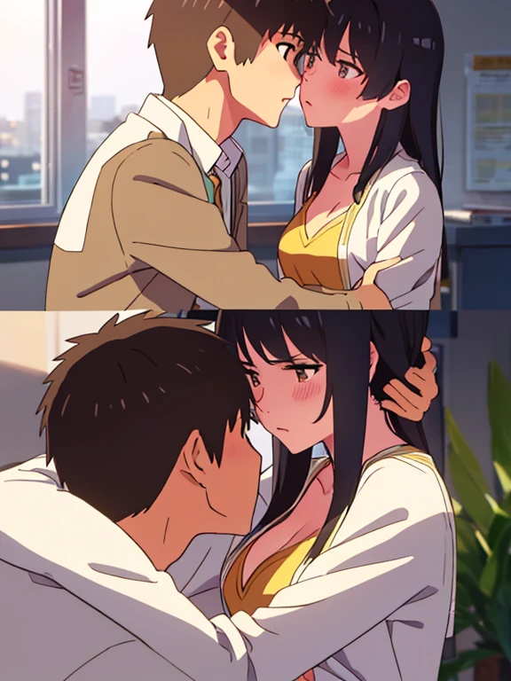 shinkai makoto, kimi no na wa., 1boy, buzzcut,office suit, boy caressing girl's body, kiss cheeks, passionate hug, boy is hugging from behind, 1girl, bangs, black hair, brown eyes, worried eyes, open mouth, Twisted Half Up, red ribbon, long hair, long sleeve yellow cardigan, open shirt, white shirt, cleavage, breast, medium breast, bedroom, night, indoors, masterpiece, perfect anatomy, cowboyshot