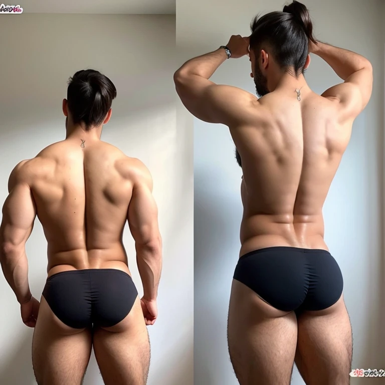 Make a very detailed picture of a shirtless male that is 6 feet 2 inches tall male twunk with big pecs, thicc ass, curvy figure, toned flat stomach, and back length curly black hair ties into a man bun showing off his thicc ass in tight female panties
