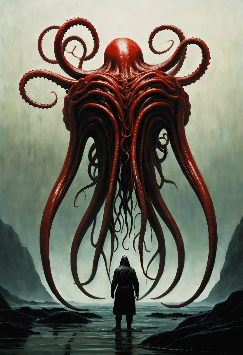 Dark Ambient Silhouette. SCP-058 resembles a bull's heart, with four (4) arthropod-like legs used primarily for propulsion, and four (4) tentacles of adjustable length covered in razor-sharp ridges. On the back side, where the opening for the superior vena cava is located in a normal organ,there is one sharp “sting”. SCP-058's tentacles can lash out to distances of up to 3.2 m (10.5 ft) at speeds reaching 320 km/h (200 mph). SCP-058 is extremely hostile and will use any given opportunity to cause harm to those around it. SCP-058 has shown high resistance to injury,so you should approach him with caution even when he looks clearly unfit for combat. relief, oil painting, red-yellow drops, thin flowing lines, wax, long strokes, light delicate shades, + 36.5 mm f0 cinematic quality, + style by Jeremy Mann, Peter Elson, Alex Maleev, Ryohei Hase, Raphael Sanzio,Pino Daeni, Charlie Bowater, Albert Joseph Penaud, Ray Caesar, Giger, Gustave Dore, Stephen Gammell, masterpiece of artistic
