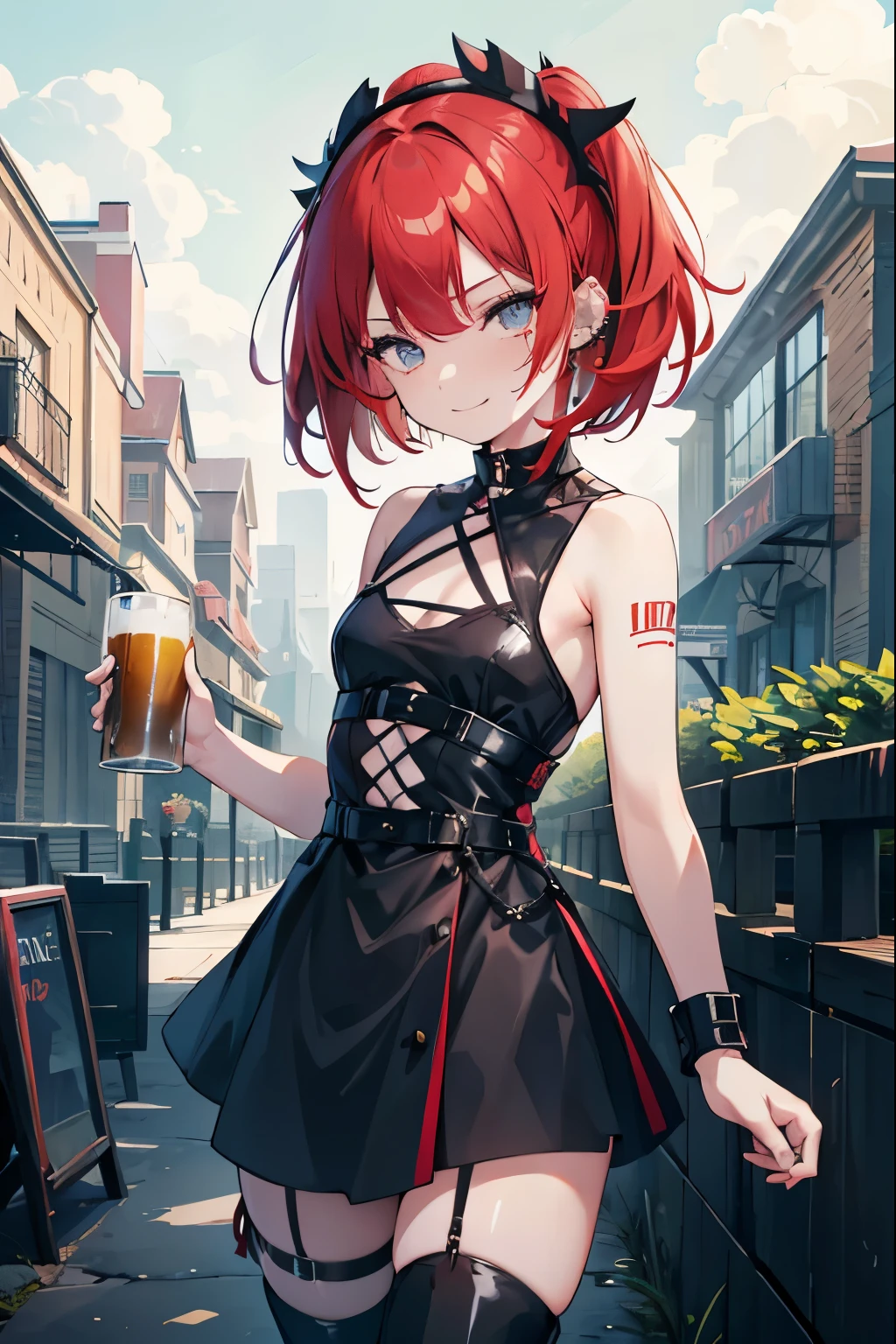 young girl, red hair, 18 years old, small breasts, small biotype, bob hair, tattoed arms, black tattos, piercings in face, , black dress, black letter dress, short dress, punk dress, wearing fishnet stockings, black boots, smiling, looking at viewer, holding beer cup, 4k, masterpiece
