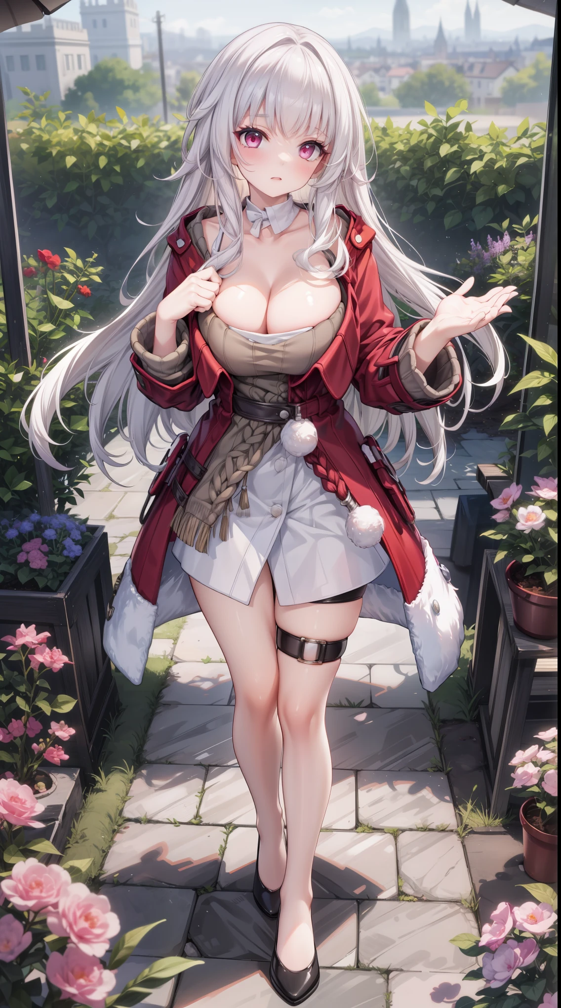 klara,1girl, white hair, long hair, red eyes, (Beautiful,Huge_Breasts:1.3),
BREAK
, 1girl, solo, Standing in the garden, full body, full figure,
BREAK
, Garden,
BREAK
, red coat, white shirt, long sleeves, dress, thigh strap,
BREAK
, official art, extremely detailed CG unity 8k wallpaper, perfect lighting, Colorful, (best_quality:1.0), ultra high res,4K, ultra-detailed, 8K, HDR, high resolution, absurdres:1.2, film grain, blurry background, (vibrant_color:1.2), (beautiful_face:1.5), (narrow waist),