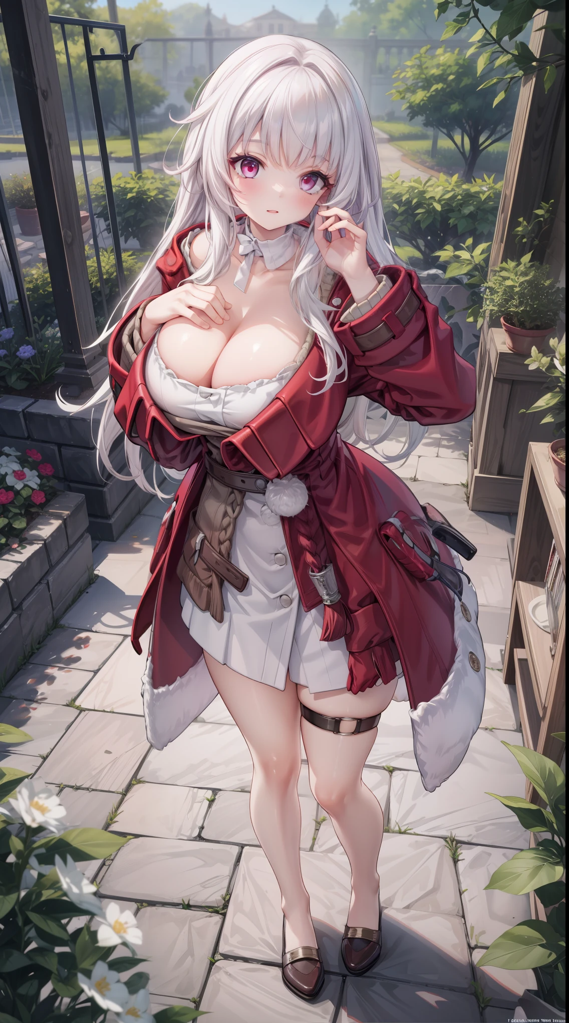 klara,1girl, white hair, long hair, red eyes, (Beautiful,Huge_Breasts:1.3),
BREAK
, 1girl, solo, Standing in the garden, full body, full figure,
BREAK
, Garden,
BREAK
, red coat, white shirt, long sleeves, dress, thigh strap,
BREAK
, official art, extremely detailed CG unity 8k wallpaper, perfect lighting, Colorful, (best_quality:1.0), ultra high res,4K, ultra-detailed, 8K, HDR, high resolution, absurdres:1.2, film grain, blurry background, (vibrant_color:1.2), (beautiful_face:1.5), (narrow waist),