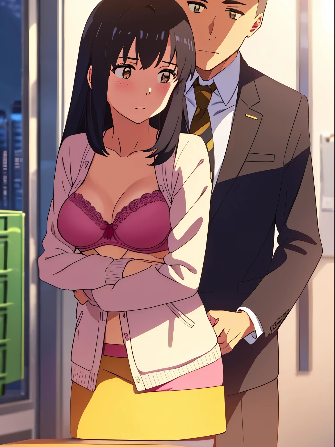 shinkai makoto, kimi no na wa., 1boy, buzzcut,office suit, boy caressing girl's body, sexual harassment, passionate hug, 1girl, bangs, black hair, brown eyes, Twisted Half Up, red ribbon, long hair, long sleeve light pink cardigan, open shirt, yellow shirt, collared shirt, unbuttoned shirt, medium breast, pink bra, storage room,night, indoors, masterpiece, perfect anatomy, cowboyshot