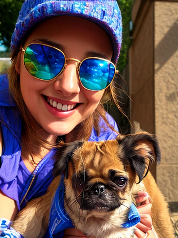 woman wearing sunglasses and blue hat holding a small dog, selfie de um cachorro, smiling happily at the camera, 📷 absence and rumpleteazer, por Emma Andijewska, com cachorros, tempo ensolarado, by Amélia Peláez, in tempo ensolarado, imagem de perfil, with sunglasses, segurando um pug para uma foto, slightly tempo ensolarado