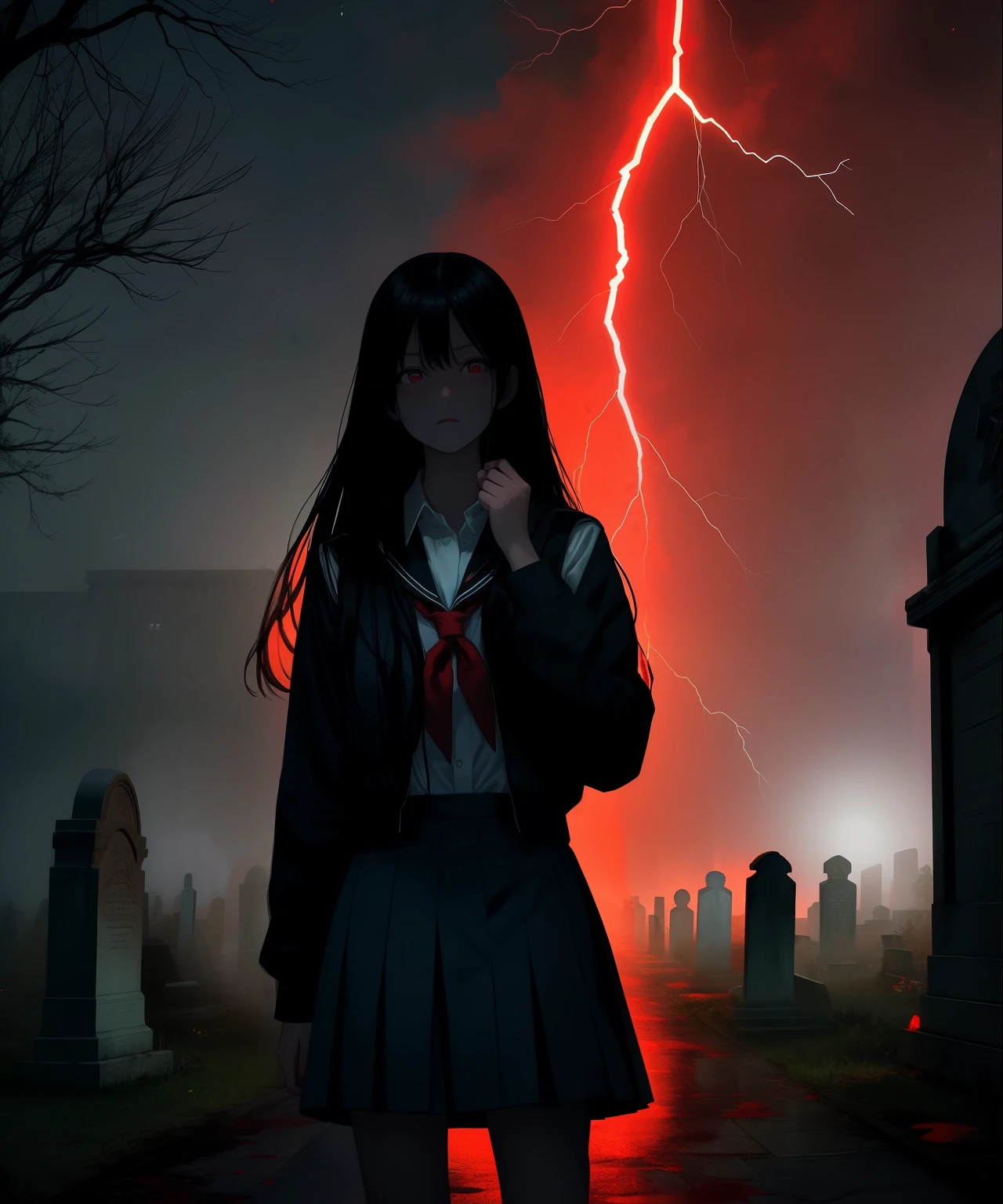 asterpiece,best quality, ultra highres,
1girl,long hair,black hair,red eyes,standing,no expression, blood, solo, blood splatter, blood on clothes, school uniform,cowboy shot, empty eyes, closed mouth,
night,dark, graveyard, lightning,torrential rain, bare tree,from below,