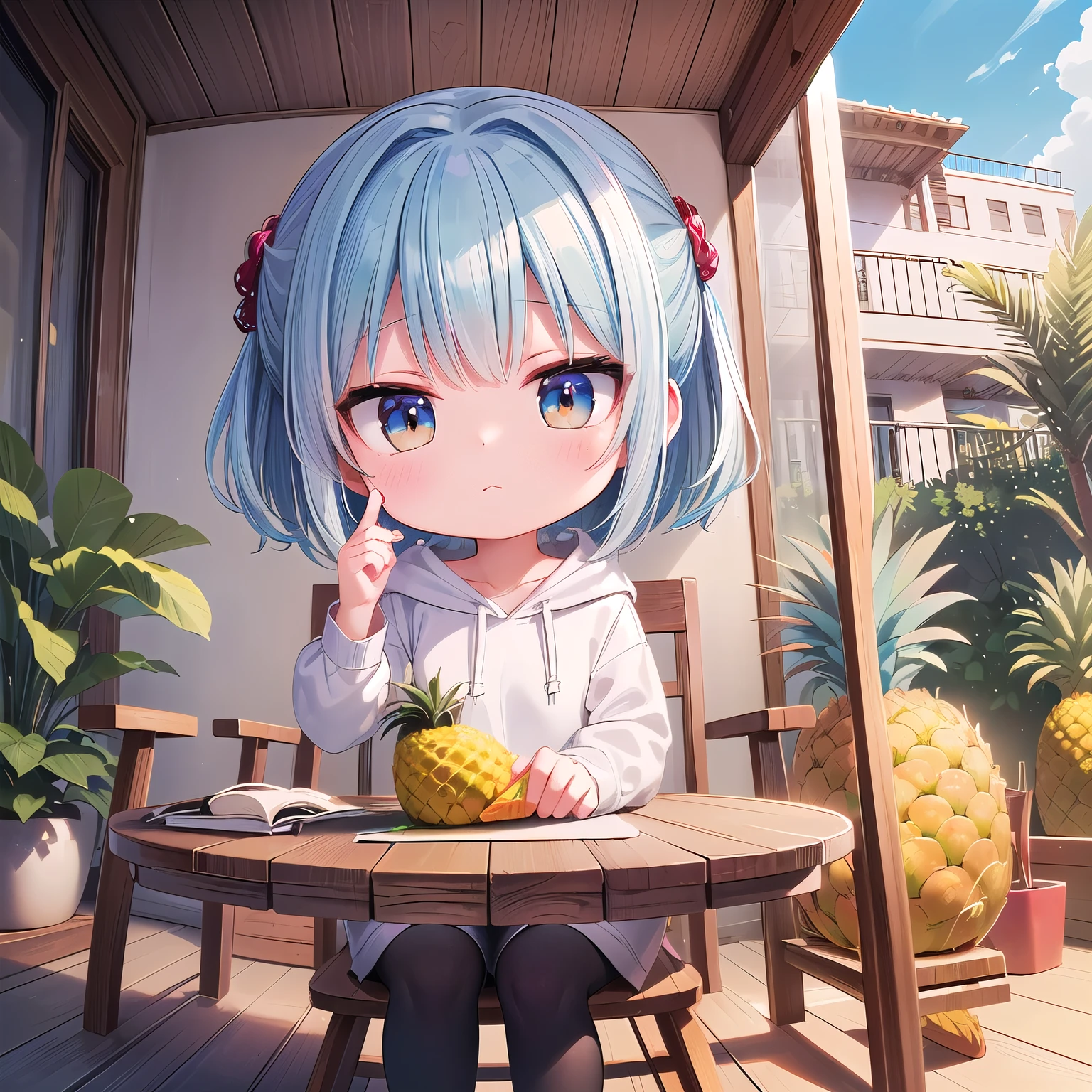 ((Chibi, miniature, REAL, pineapple, 3DCG, Nendoroid, 1 girl: 1.3)) ,(Masterpiece, almond-shaped eyes, glossy white-blue hair, short chignon hair, top quality, carefully drawn fingertips, beautiful anatomy : 1.4), (half body: 1.3), (Red cheeks, indifference, no expression, hair blowing in the wind: 1.2), (Slim and warm clothes, warm student style,warm long skirt,Fluffy Loafer,big ribbon,Celebrity Life style: 1.2), (pineapple building,stone wall,Window,stone floor:1.3),(school mate, begging pose, school Days,classroom:1.3)