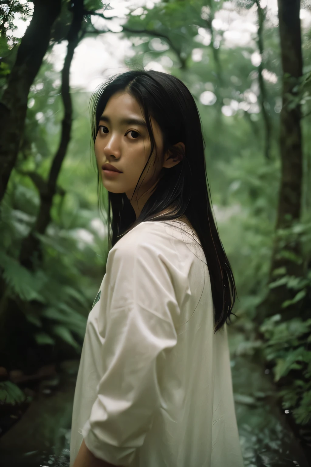 ((high quality: 1.5)), mid twenties korean, beautiful, wet rave, (lustful:1.1), secluded forest, rain, film grain portrait