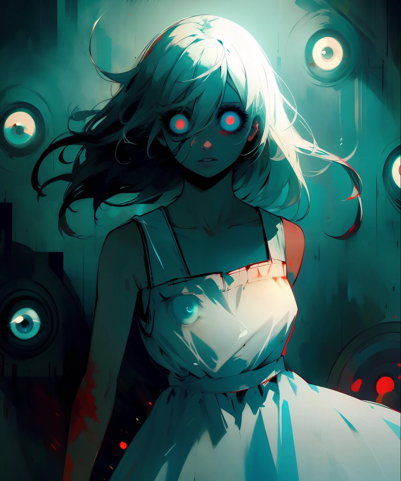 masterpiece,bset quality,high quality, 1girl,dress,looking at viewer,wide open eyes,white dress,glowing,hair between eyes,glowing eyes,solo,parted lips,scared,scared face,multiple eyes,eyeball in background,upper body,blood on clothes,sleeveless, Negative prompt: